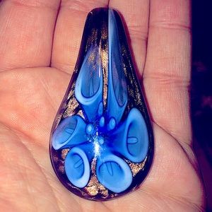 3 for $15 : Blue/Gold Teardrop Flower Anemone Pendant Crystal Glass Murano